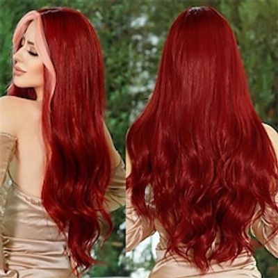 Long Wavy Wine Red Wig For Women Daily Party Use Synthetic Highlight Hair Middle Part Wig 24 Inch Lolita Wigs Heat Resistant Christmas Party Wigs miniinthebox
