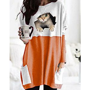 Women's T shirt Cat Graphic 3D Long Sleeve Pocket Round Neck Tops Basic Basic Top Black Orange Khaki miniinthebox
