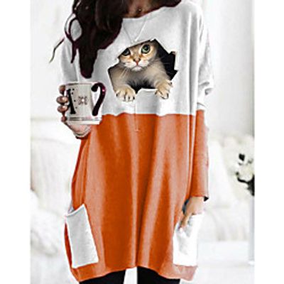 Women's T shirt Cat Graphic 3D Long Sleeve Pocket Round Neck Tops Basic Basic Top Black Orange Khaki miniinthebox