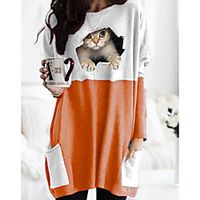 Women's T shirt Cat Graphic 3D Long Sleeve Pocket Round Neck Tops Basic Basic Top Black Orange Khaki miniinthebox - thumbnail