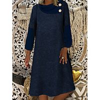 Women's Denim Dress Knee Length Dress Blue Long Sleeve Solid Color Button Fall Spring Round Neck Hot Casual Loose 2021 M L XL XXL 3XL miniinthebox - thumbnail