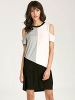 Casual Patchwork Cold Shoulder Short Sleeve O-neck Dress For Women