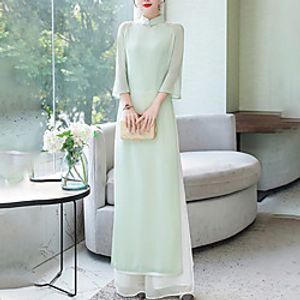 Women's Sheath Dress Maxi long Dress White Light Green Long Sleeve Solid Color Split Spring Summer Mandarin Collar Elegant Traditional Chinoiserie 2022 M L XL XXL 3XL miniinthebox