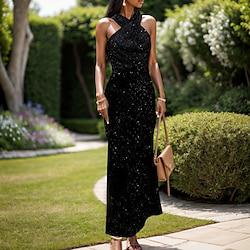 Women's Black Dress Party Maxi Dress Vacation Elegant Sparkle Sequins Halter Neck Sleeveless Summer Spring Lightinthebox