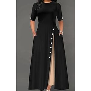 Women's A Line Dress Maxi long Dress Black Half Sleeve Solid Color Split Ruched Button Spring Summer Crew Neck Elegant Modern 2022 S M L XL 2XL 3XL Lightinthebox