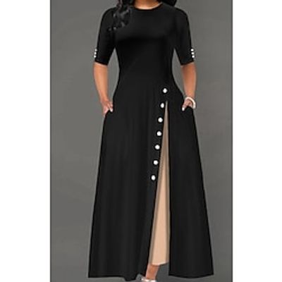 Women's A Line Dress Maxi long Dress Black Half Sleeve Solid Color Split Ruched Button Spring Summer Crew Neck Elegant Modern 2022 S M L XL 2XL 3XL Lightinthebox Women's A Line Dress Maxi long Dress Black Half Sleeve Solid Color Split Ruched Button Spring Summer Crew Neck Elegant Modern 2022 S M L XL 2XL 3XL Lightinthebox
