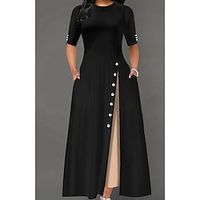 Women's A Line Dress Maxi long Dress Black Half Sleeve Solid Color Split Ruched Button Spring Summer Crew Neck Elegant Modern 2022 S M L XL 2XL 3XL Lightinthebox - thumbnail