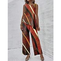 Women's Tank Top Pants Sets Striped Black White Red Print Sleeveless Casual Daily Fashion Round Neck Regular Fit Summer Lightinthebox - thumbnail