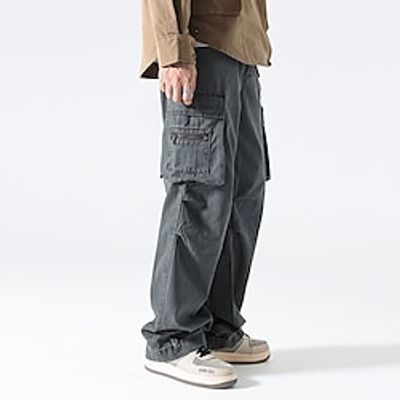 Men's Cargo Pants Cargo Trousers Techwear Button Multi Pocket Straight Leg Plain Comfort Wearable Casual Daily Holiday Sports Fashion Black Khaki Lightinthebox