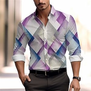 Geometry Casual Men's Shirt Daily Wear Going out Spring  Summer Turndown Long Sleeve Yellow, Purple, Green S, M, L 4-Way Stretch Fabric Shirt Lightinthebox