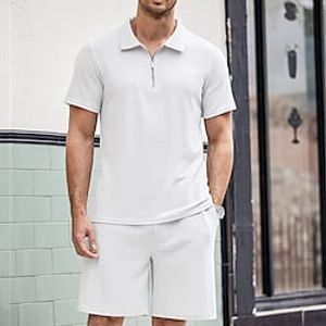 Men's Golf Shirt Polo Set Sports  Outdoor Casual Lapel Quarter Zip Short Sleeve Fashion Basic Plain 2 Piece Spring  Summer Regular Fit White Wine Navy Blue Gray Golf Shirt Lightinthebox