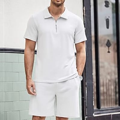 Men's Golf Shirt Polo Set Sports  Outdoor Casual Lapel Quarter Zip Short Sleeve Fashion Basic Plain 2 Piece Spring  Summer Regular Fit White Wine Navy Blue Gray Golf Shirt Lightinthebox