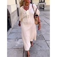 Women's Casual Dress White Dress Summer Dress Midi Dress Button Daily Date Going out Fashion Basic Split Neck 34 Length Sleeve 2023 Loose Fit White Color S M L XL XXL Size Lightinthebox