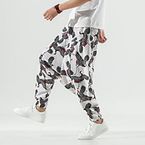 Men's Chinese Style Chino Sports Slim Casual Daily Harem Loose Chinos Pants Lattice Full Length Print Low Waist White Black  Drawstring  Elasticity Lightinthebox