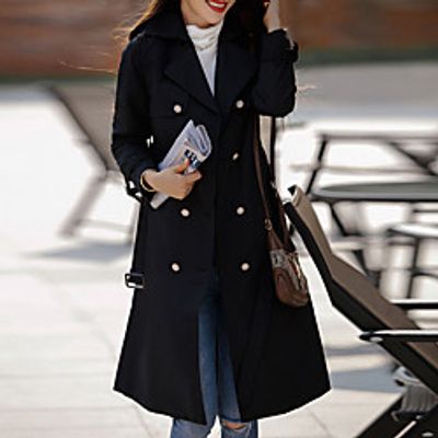Women's Trench Coat Causal Daily Work Fall Winter Long Coat Regular Fit Windproof Warm Basic Casual Jacket Long Sleeve Solid Color Classic Style Pocket Black Red  Cotton Lightinthebox