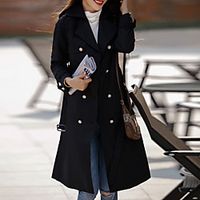 Women's Trench Coat Causal Daily Work Fall Winter Long Coat Regular Fit Windproof Warm Basic Casual Jacket Long Sleeve Solid Color Classic Style Pocket Black Red  Cotton Lightinthebox - thumbnail