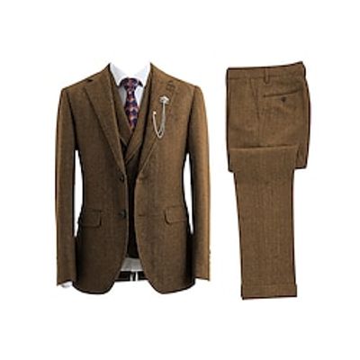 Men's Wedding Tweed Suits Herringbone 3 Piece Plus Size Retro Vintage Tailored Fit Single Breasted Two-buttons Khaki Red Dark Green 2023 Lightinthebox