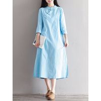 Chinese Style Women Solid Stand Collar Chinese Frog Dress