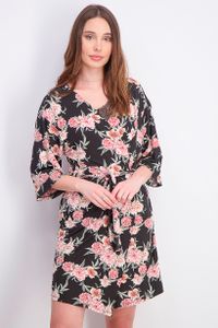 Womens 3 Pieces Floral Print Tops  Short And Robe Sleepwear Set  Black Combo