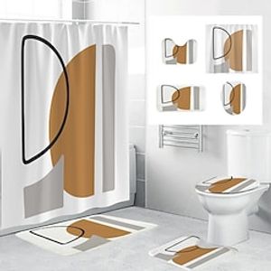 4Pcs Shower Curtain Set with Rug Toilet Lid Cover Sets with Non-Slip Rug Bath Mat for Bathroom,Geometric Pattern,Waterproof Polyester Shower Curtain with 12 Hooks,Bathroom Decoration miniinthebox