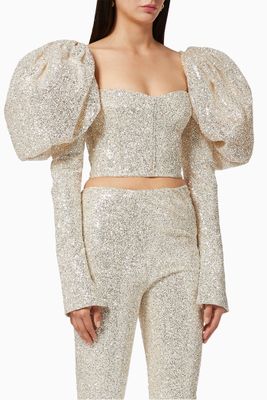 Puff-Sleeve Glitter Crop Top Puff-Sleeve Glitter Crop Top