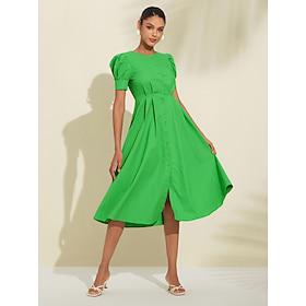 Women's Linen Cotton Shirt Dress Green A-Line Midi Dress Puffed Sleeve Button Front Casual Elegant Summer