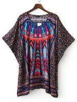 Vintage Women Printed O-Neck Batwing Sleeve Mini Dress