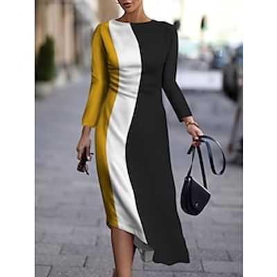Women's Christmas Work Dress Casual Dress Semi Formal Dress Fashion Winter Dress  Daily Midi Dress Print Crew Neck Long Sleeve Geometric Color Block Slim Black Yellow Orange Fall Winter S M L XL XXL miniinthebox