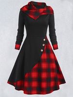 Women's Vintage Plaid Patchwork Hooded Turtleneck Dress