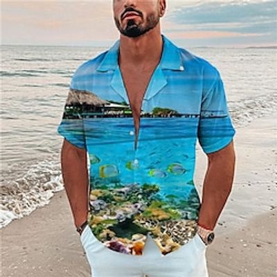 Men's Shirt Summer Hawaiian Shirt Graphic Prints Marine Life Turndown Blue Green Light Blue Casual Holiday Short Sleeve Button-Down Print Clothing Apparel Tropical Fashion Streetwear Hawaiian miniinthebox