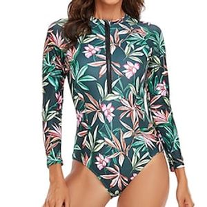 Women's Swimwear Rash Guard Diving Normal Swimsuit UV Protection Tummy Control Zipper Print Leaf Flower Green White Blue Royal Blue High Neck Bathing Suits New Stylish Vacation / Modern miniinthebox