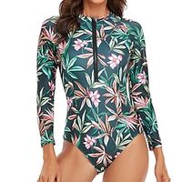Women's Swimwear Rash Guard Diving Normal Swimsuit UV Protection Tummy Control Zipper Print Leaf Flower Green White Blue Royal Blue High Neck Bathing Suits New Stylish Vacation / Modern miniinthebox - thumbnail