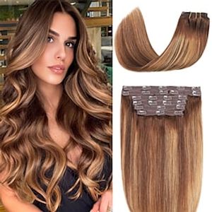 Hair Extensions Clip in Human Hair 14 Inch 120g Full and Thick Straight Clip in Hair Extensions Balayage Chocolate Brown to Caramel Blonde with Chocolate Brown Roots Clip on Hair Extensions Soft Remy Lightinthebox