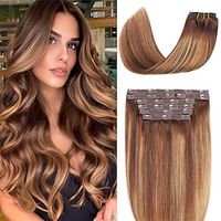 Hair Extensions Clip in Human Hair 14 Inch 120g Full and Thick Straight Clip in Hair Extensions Balayage Chocolate Brown to Caramel Blonde with Chocolate Brown Roots Clip on Hair Extensions Soft Remy Lightinthebox - thumbnail