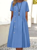 Round Neck Casual Loose Solid Color Button Short Sleeve Midi Dress