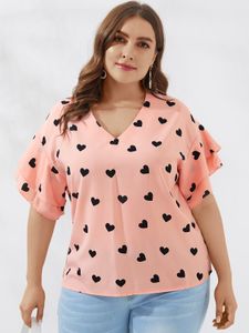 Plus Size Pink Ruffle Trim Print V-neck Short Sleeves Blouse