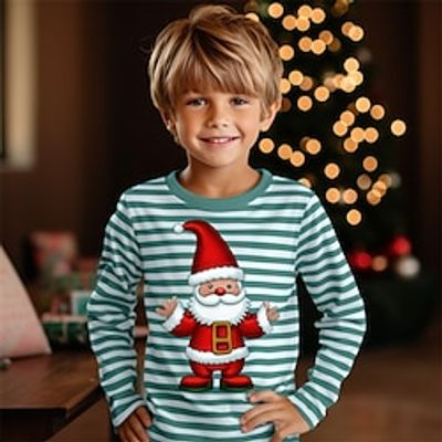 Christmas Boys 3D Santa Claus Stripe Tee Shirt Long Sleeve 3D Print Fall Winter Sports Fashion Streetwear Polyester Kids 3-12 Years Crew Neck Outdoor Casual Daily Regular Fit Lightinthebox