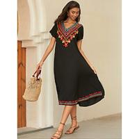 Women's Embroidered Black Dress Midi Dress Floral V Neck Short Sleeve Summer Spring Black Lightinthebox