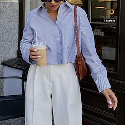 Women's Shirt Crop Top Blouse Striped Blue Print Button Long Sleeve Casual Fashion Shirt Collar Regular Fit Spring   Fall Lightinthebox