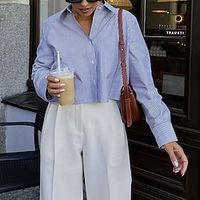 Women's Shirt Crop Top Blouse Striped Blue Print Button Long Sleeve Casual Fashion Shirt Collar Regular Fit Spring   Fall Lightinthebox - thumbnail