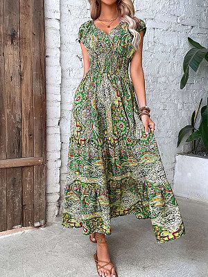 V Neck Short Sleeves Printed Maxi Dress