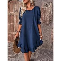 Women's Linen Dress Cotton Summer Dress Midi Dress Ruffle Trim Daily Vacation Crew Neck Half Sleeve Summer Spring Black Red Plain Lightinthebox - thumbnail