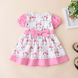 cute rabbit print pink puff sleeve bow white short sleeve dress Lightinthebox
