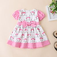 cute rabbit print pink puff sleeve bow white short sleeve dress Lightinthebox - thumbnail