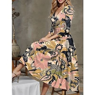 Women's Casual Dress Swing Dress Floral Print V Neck Midi Dress Streetwear A Line Street Date 34 Length Sleeve Regular Fit Pink Blue Green Spring S M L XL XXL Lightinthebox