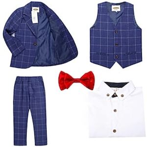 4 Pieces Kids Boys Suit  Blazer Shirt  Pants Clothing Set Outfit Plaid Long Sleeve Cotton Set Formal Gentle Preppy Style Spring Summer 3-13 Years Blue Wine Gray miniinthebox