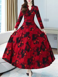 Long Sleeve V-Neck Waist Printed Dress