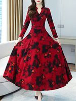 Long Sleeve V-Neck Waist Printed Dress - thumbnail