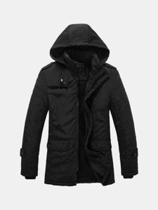 Winter Casual Fashion Thicken Warm Multi Pockets Black Detachable Hood Jacket for Men
