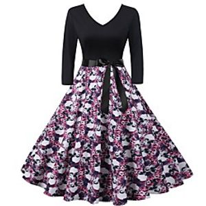 Women's A Line Dress Midi Dress Black Half Sleeve Print Vintage Style Fall Winter V Neck Vintage 2021 S M L XL XXL miniinthebox